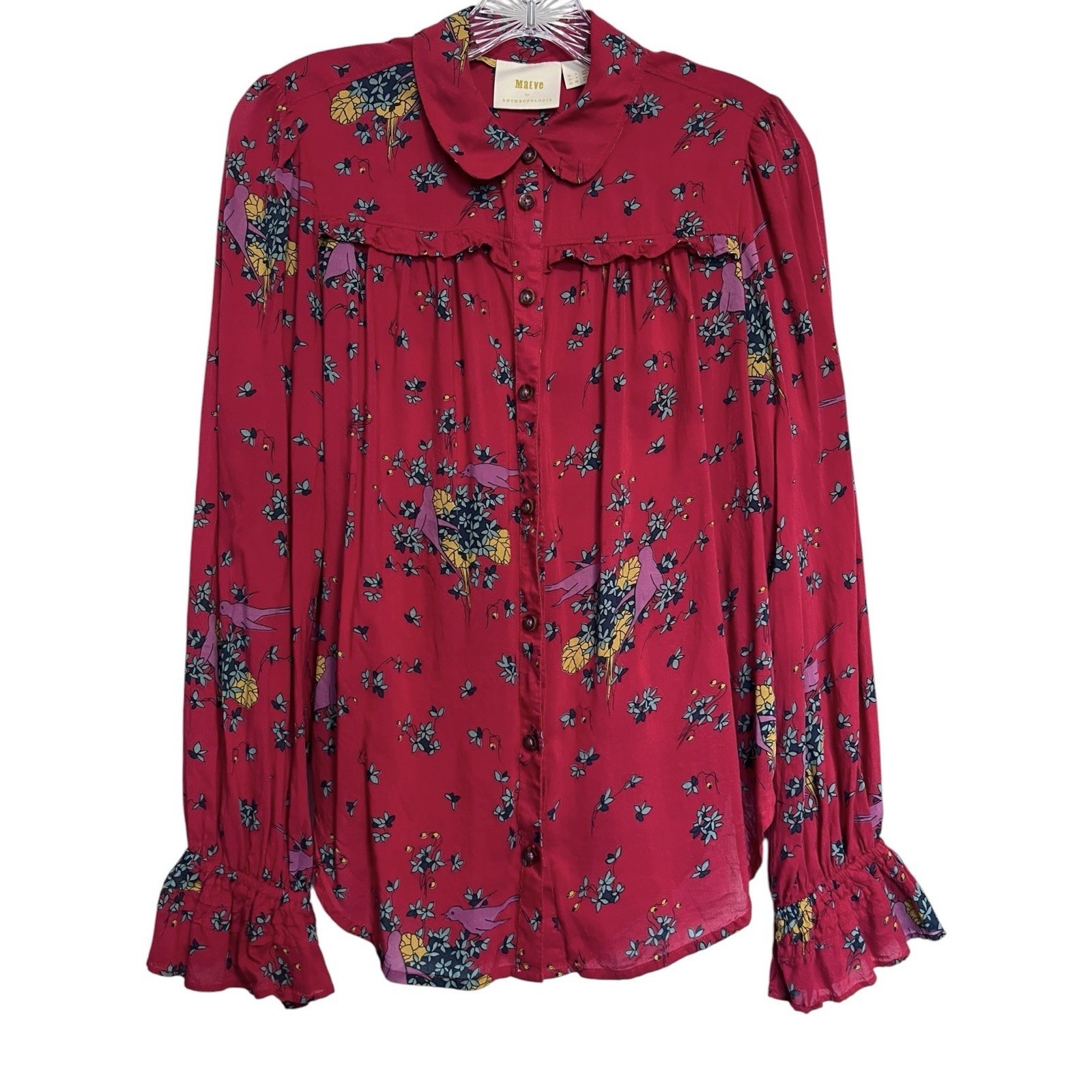 Anthropologie Maeve Sz 4 Top Ruffles Fredericka Birds Floral Ls Red Button Up
